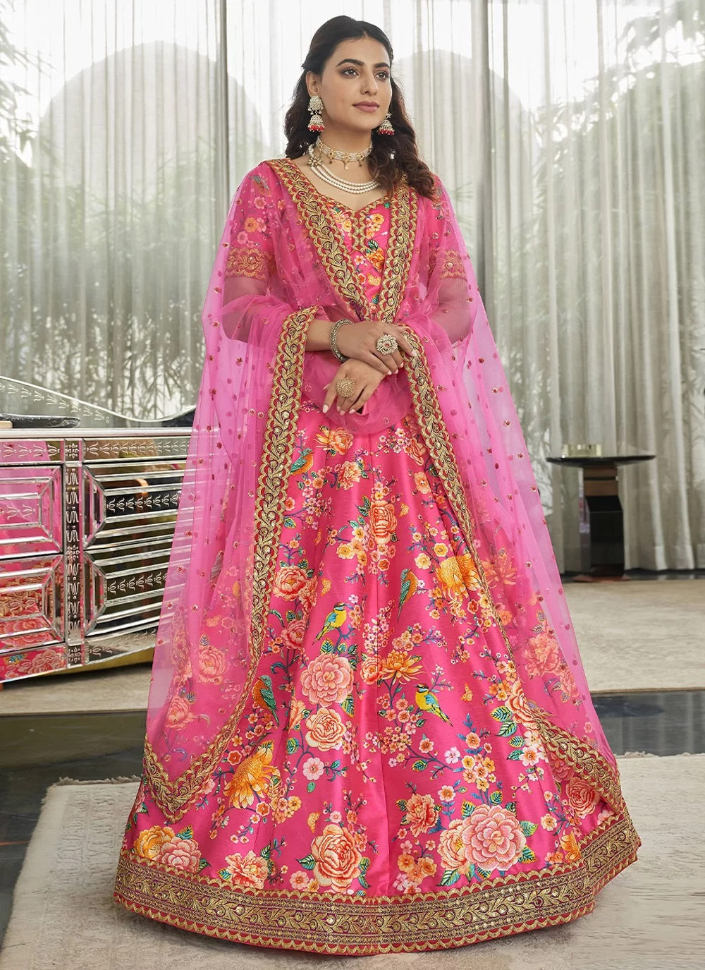 Deep pink art silk digital print with dori sequins and stone work lehenga