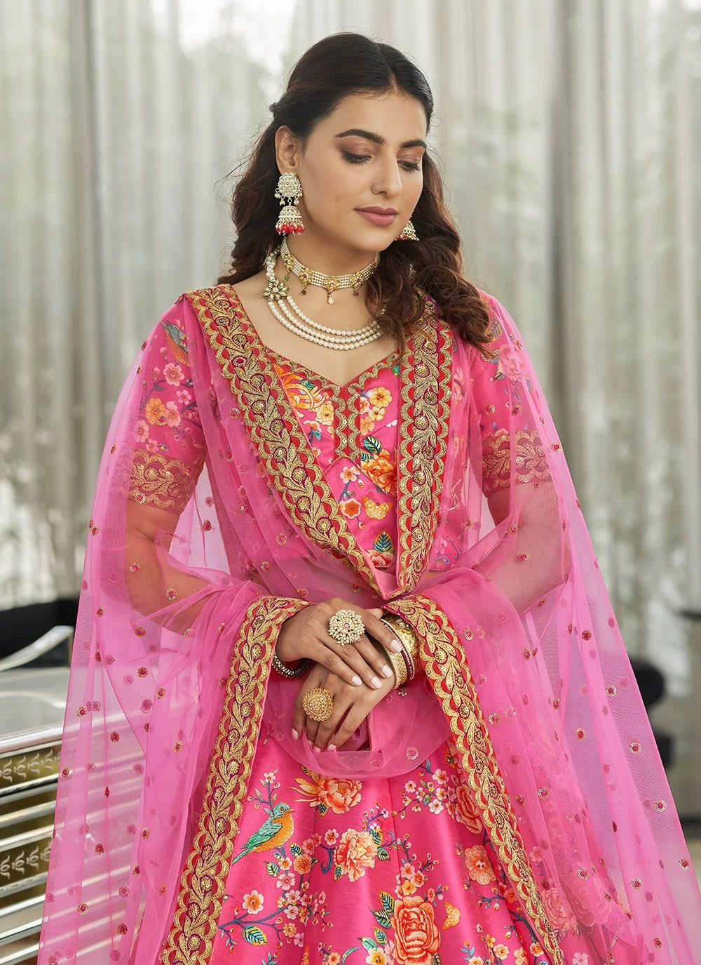 Deep pink art silk digital print with dori sequins and stone work lehenga