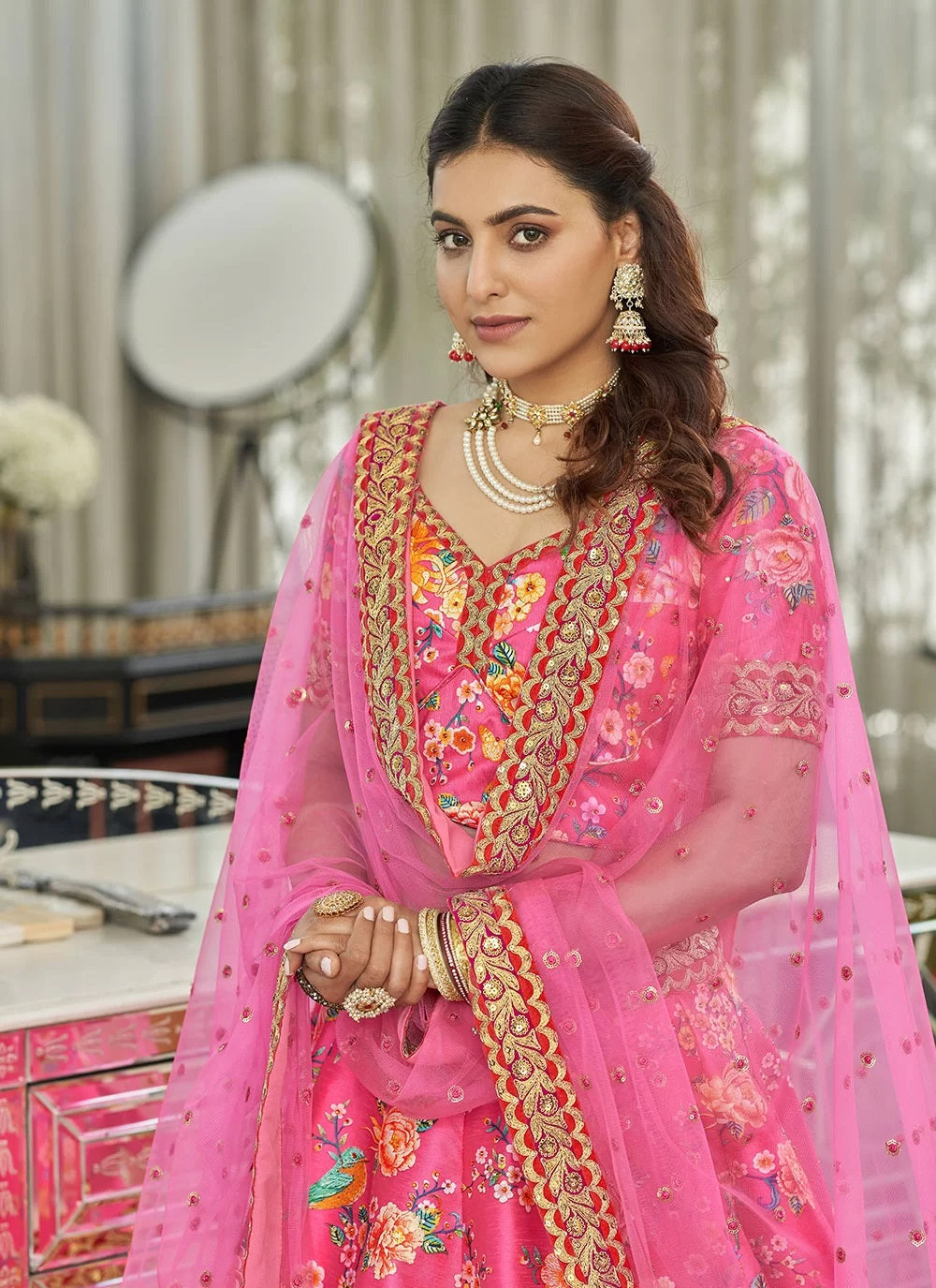 Deep pink art silk digital print with dori sequins and stone work lehenga