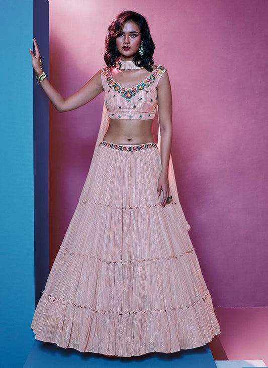 Deep V-Neck Ruffle Peach Colour Lehenga