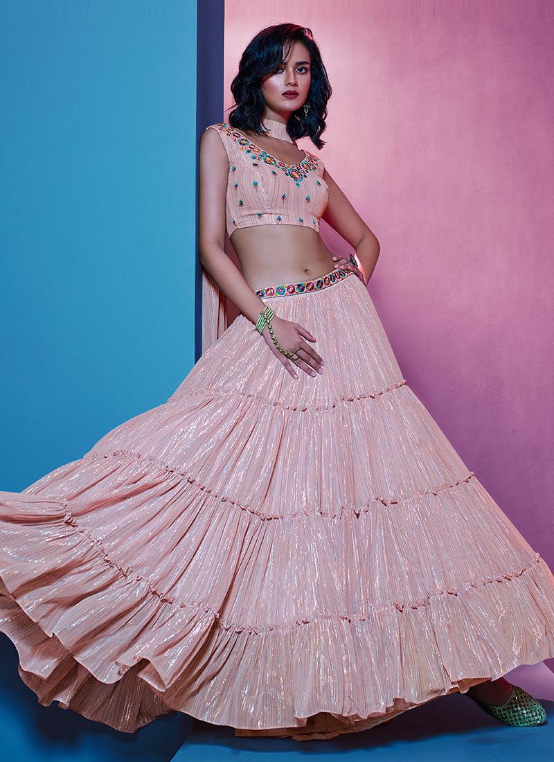 Deep V-Neck Ruffle Peach Colour Lehenga