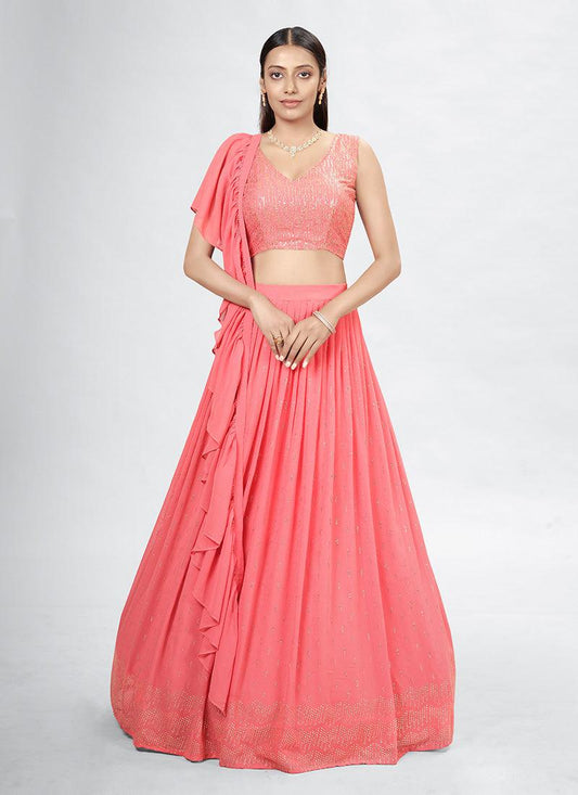 Deep V-Neck Sleeveless Coral Lehenga Choli