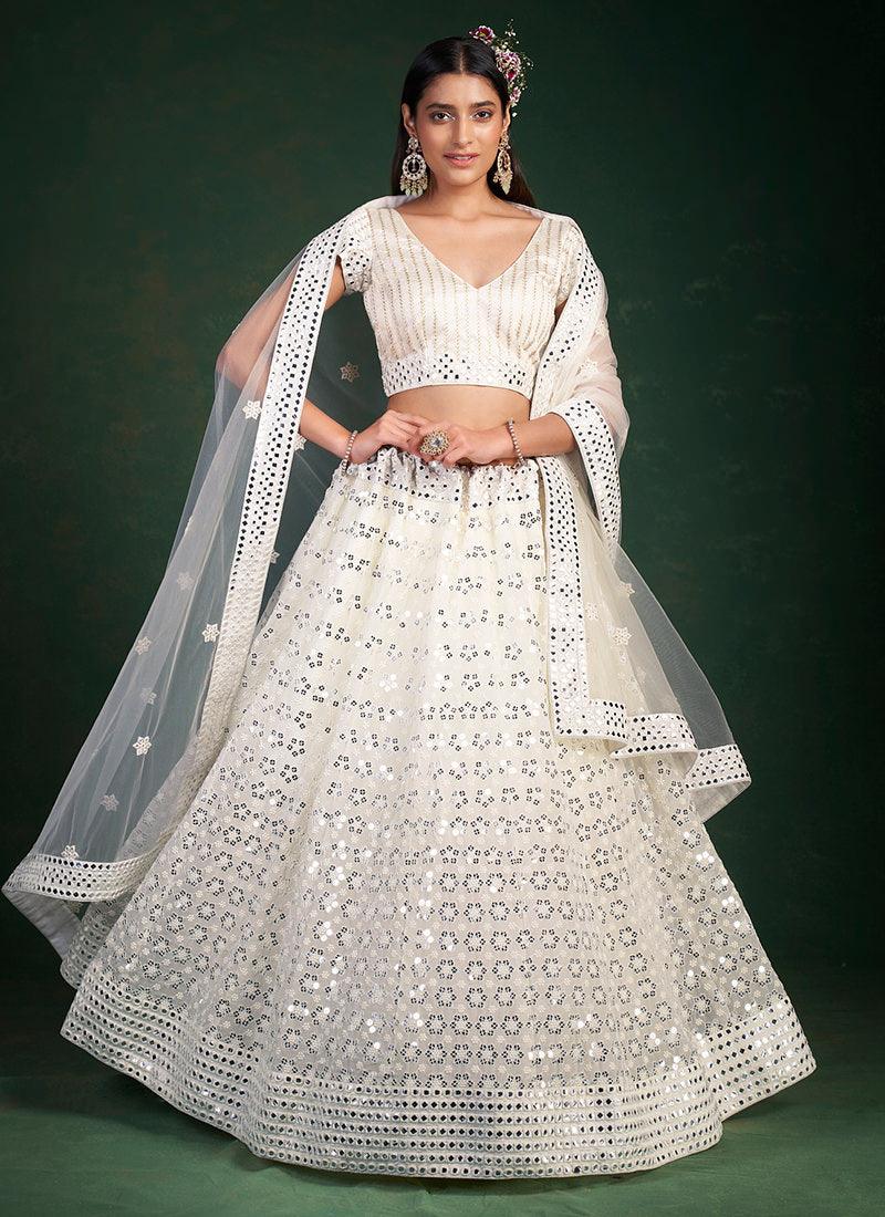 Deep V-Neck White Wedding Lehenga