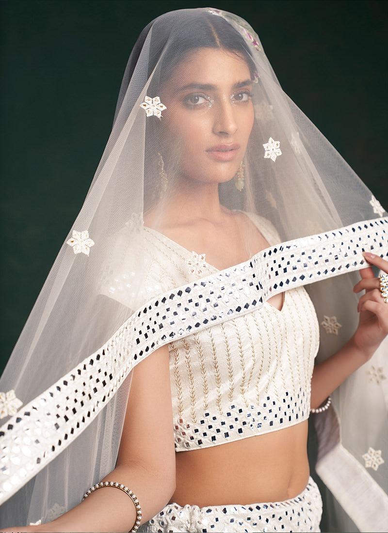 Deep V-Neck White Wedding Lehenga