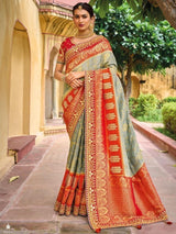 Delightful Grey And Orange Embroidered Work Pure Dola Silk Traditional Saree