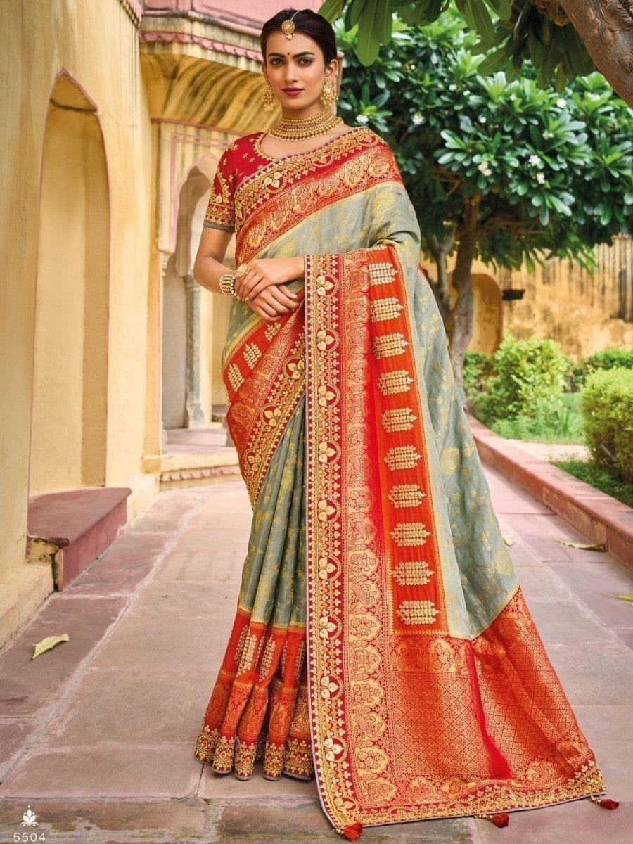 Delightful Grey And Orange Embroidered Work Pure Dola Silk Traditional Saree