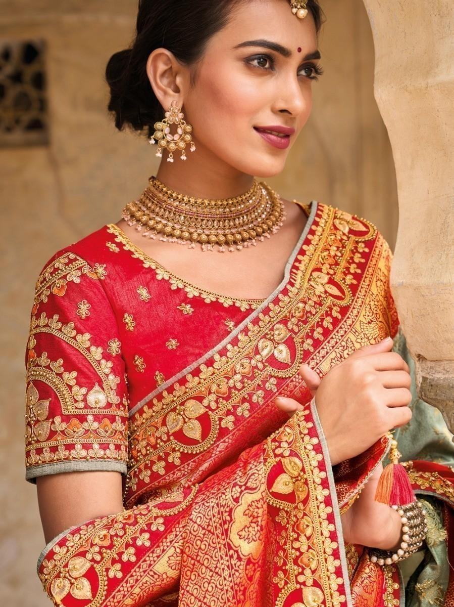 Delightful Grey And Orange Embroidered Work Pure Dola Silk Traditional Saree