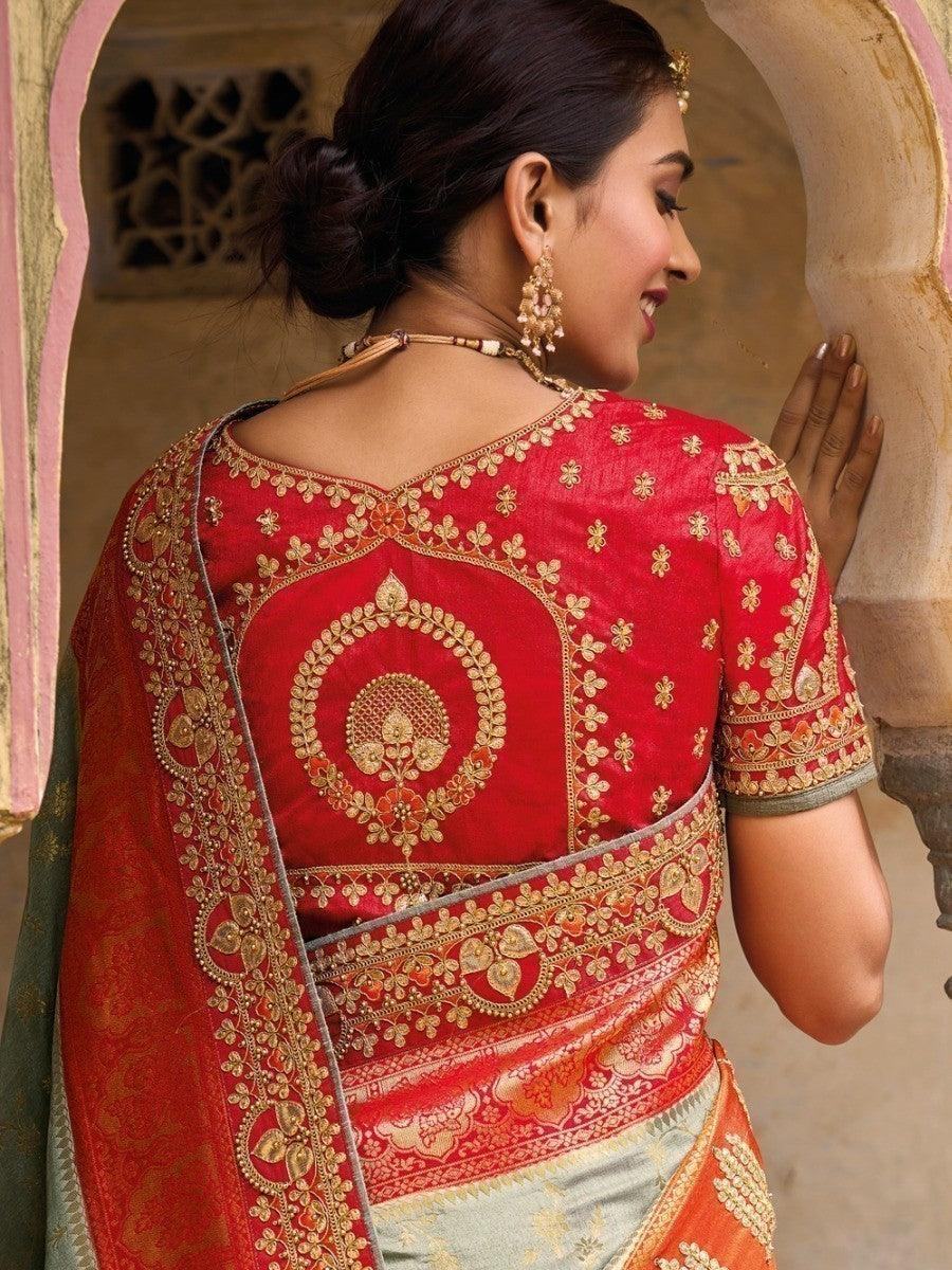 Delightful Grey And Orange Embroidered Work Pure Dola Silk Traditional Saree