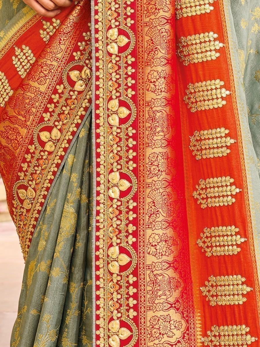 Delightful Grey And Orange Embroidered Work Pure Dola Silk Traditional Saree