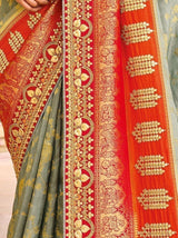 Delightful Grey And Orange Embroidered Work Pure Dola Silk Traditional Saree