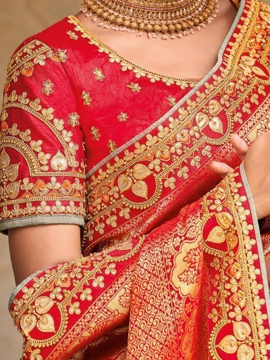 Delightful Grey And Orange Embroidered Work Pure Dola Silk Traditional Saree
