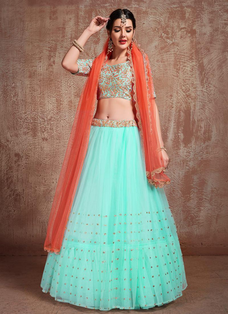 Delightful Sky Blue Color Soft Net Base Flared Lehenga Choli