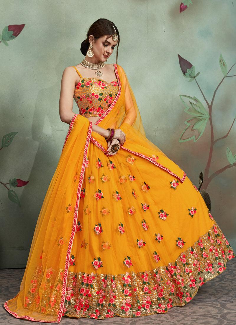 Delightful Soft Net Base Thread Work Yellow Lehenga Choli