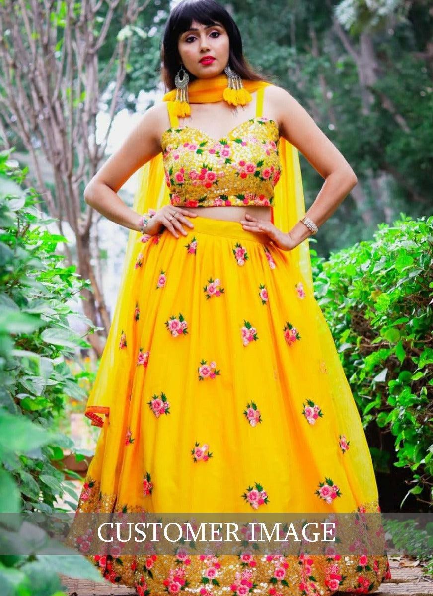 Delightful Soft Net Base Thread Work Yellow Lehenga Choli