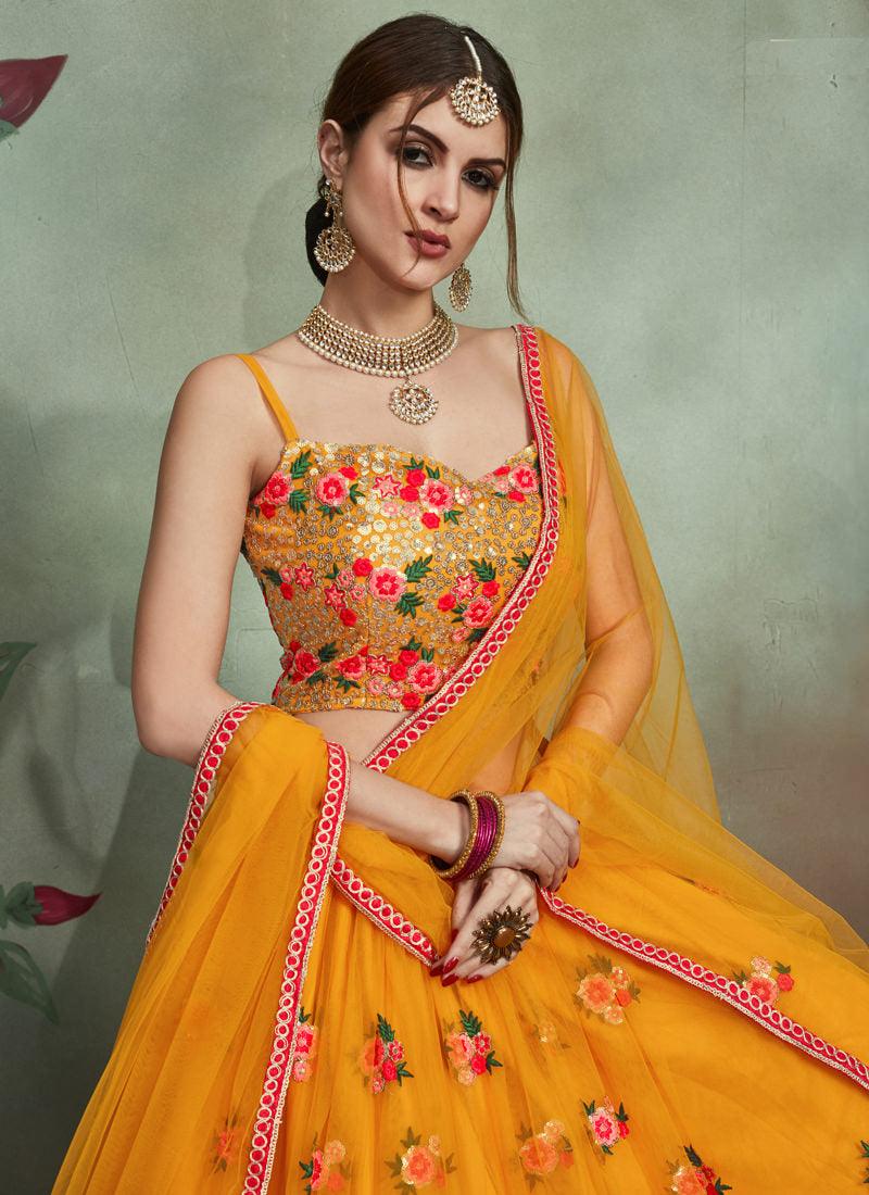 Delightful Soft Net Base Thread Work Yellow Lehenga Choli