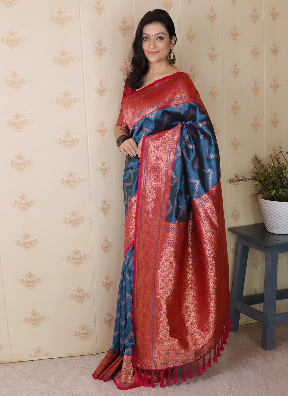 Heritage denim blue banarasi silk saree with gold zari geometric weave
