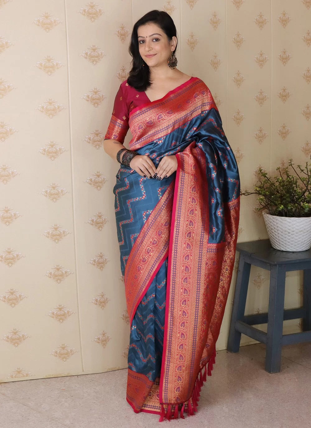 Heritage denim blue banarasi silk saree with gold zari geometric weave