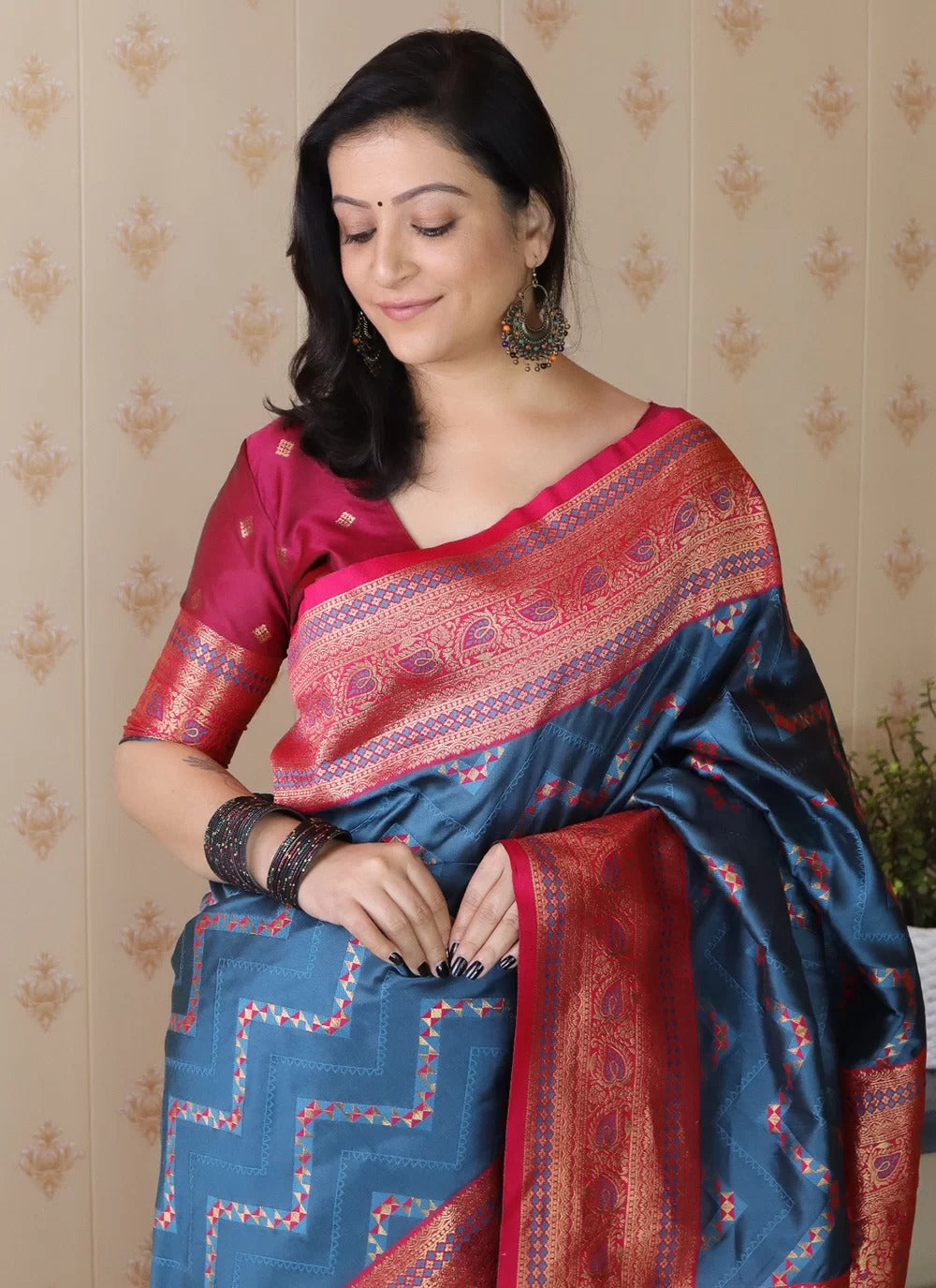 Heritage denim blue banarasi silk saree with gold zari geometric weave