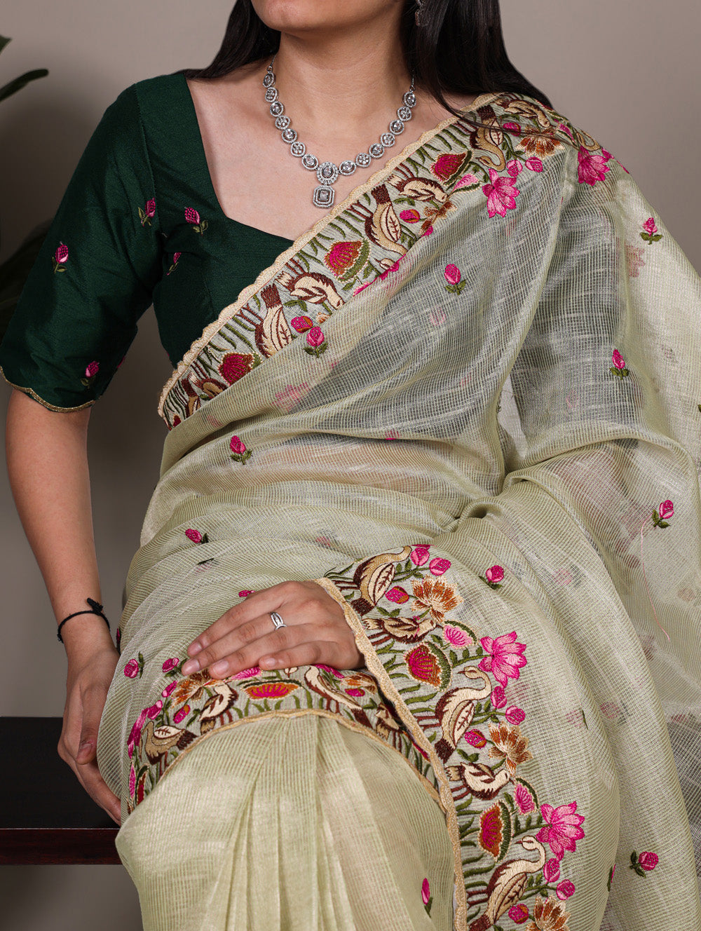 Pista green zari kota tissue saree with floral thread embroidery and banglory blouse fabric