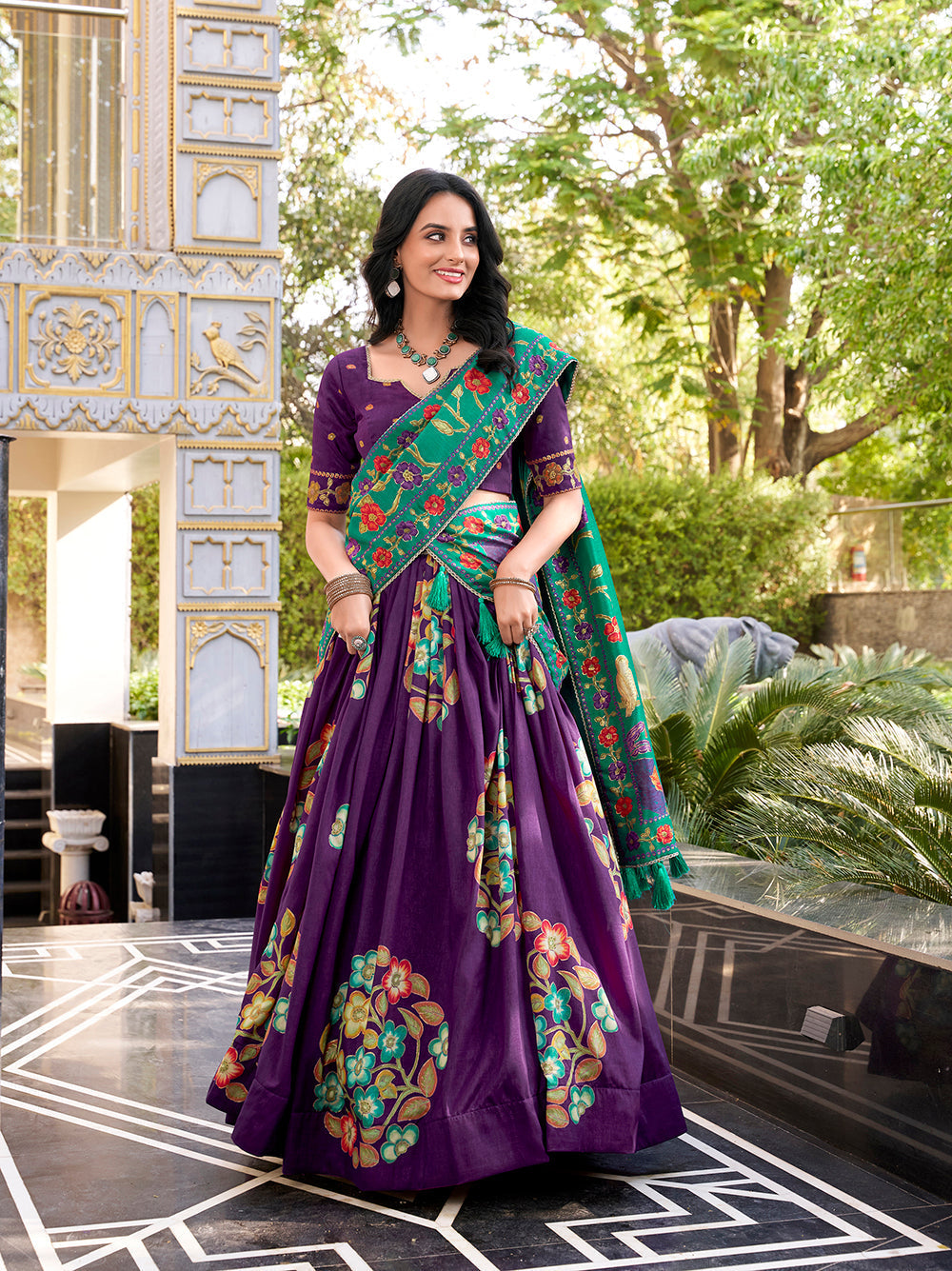 Regal purple tussar silk lehenga choli with foil print lace accents matching dupatta