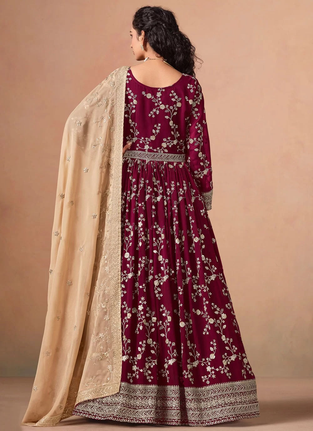 Elegant burgundy faux georgette embroidered floor length anarkali suit with organza dupatta