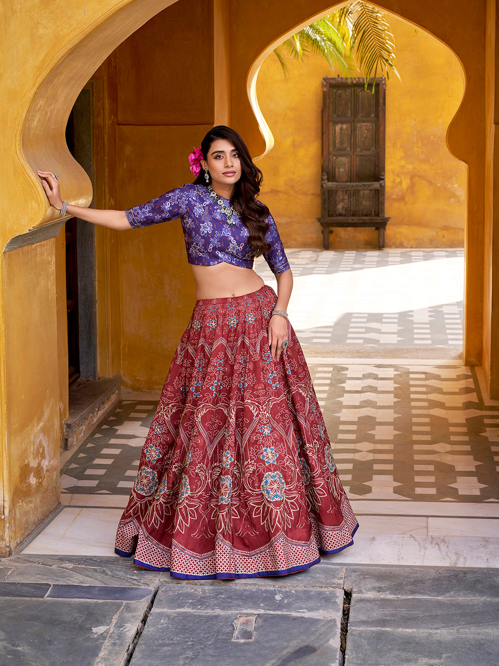 Maroon vaishali silk lehenga choli with beads work gotta patti dupatta