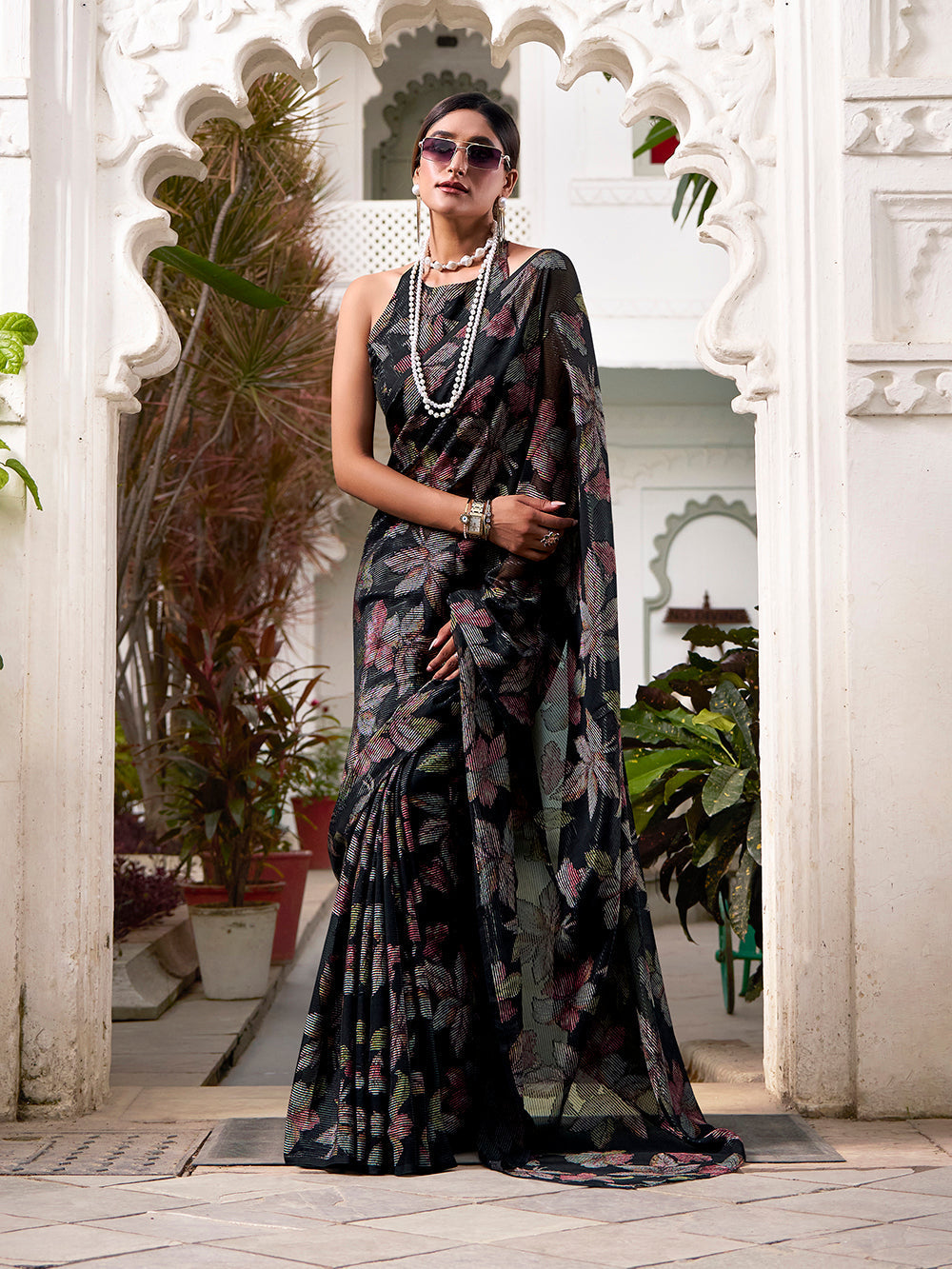 Black lurex brasso saree with floral viscose brasso matching blouse