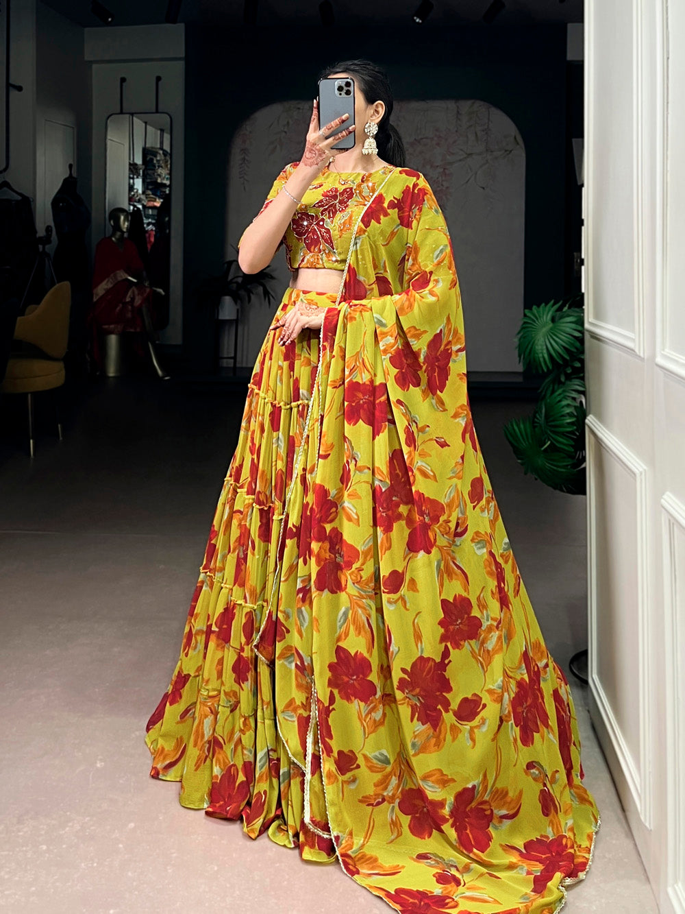 Olive yellow floral printed marble lehenga choli with lace dupatta