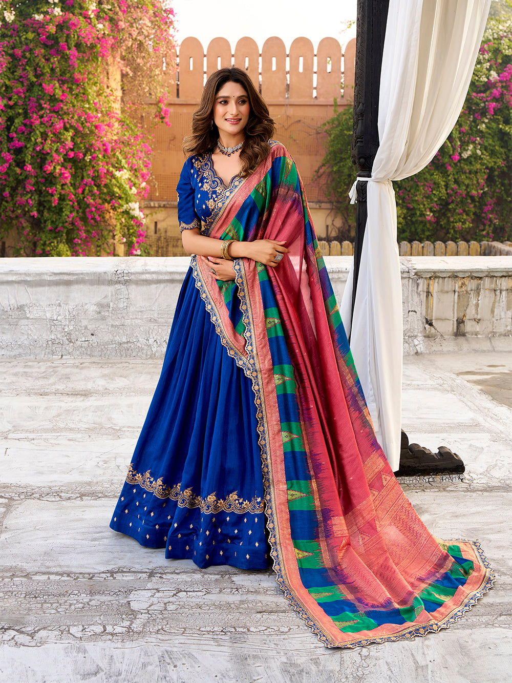 Royal blue vichitra silk lehenga choli with sequins thread embroidery