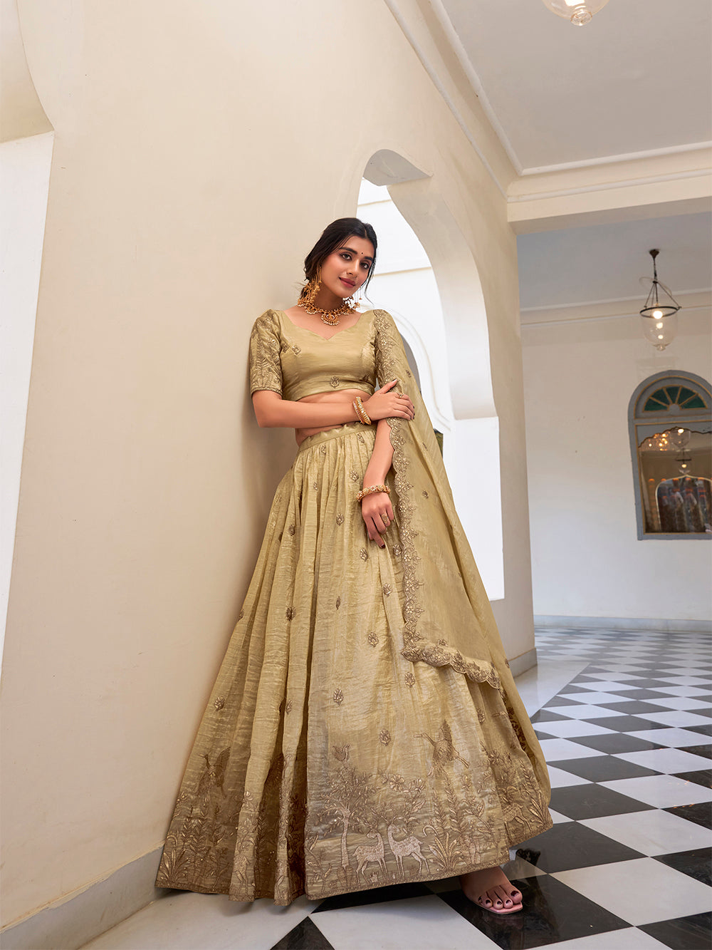 Off white gold crush lehenga choli with sequins embroidery scalloped lace dupatta