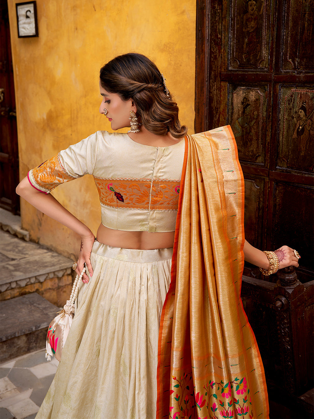Off white paithani lehenga choli with zari weaving dupatta