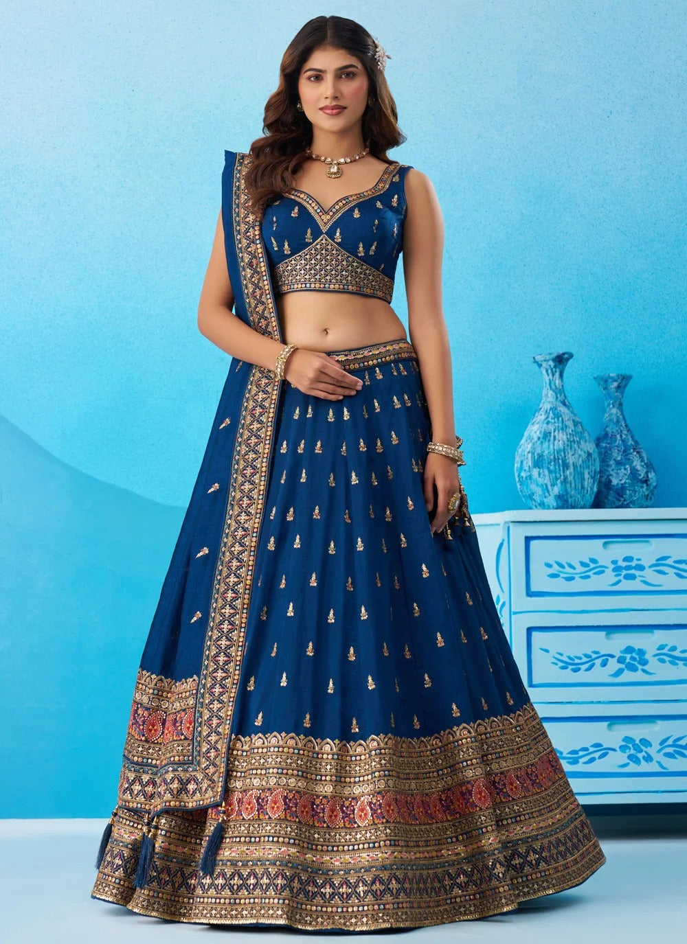 Designer engagement lehenga in morpeach chinnon silk