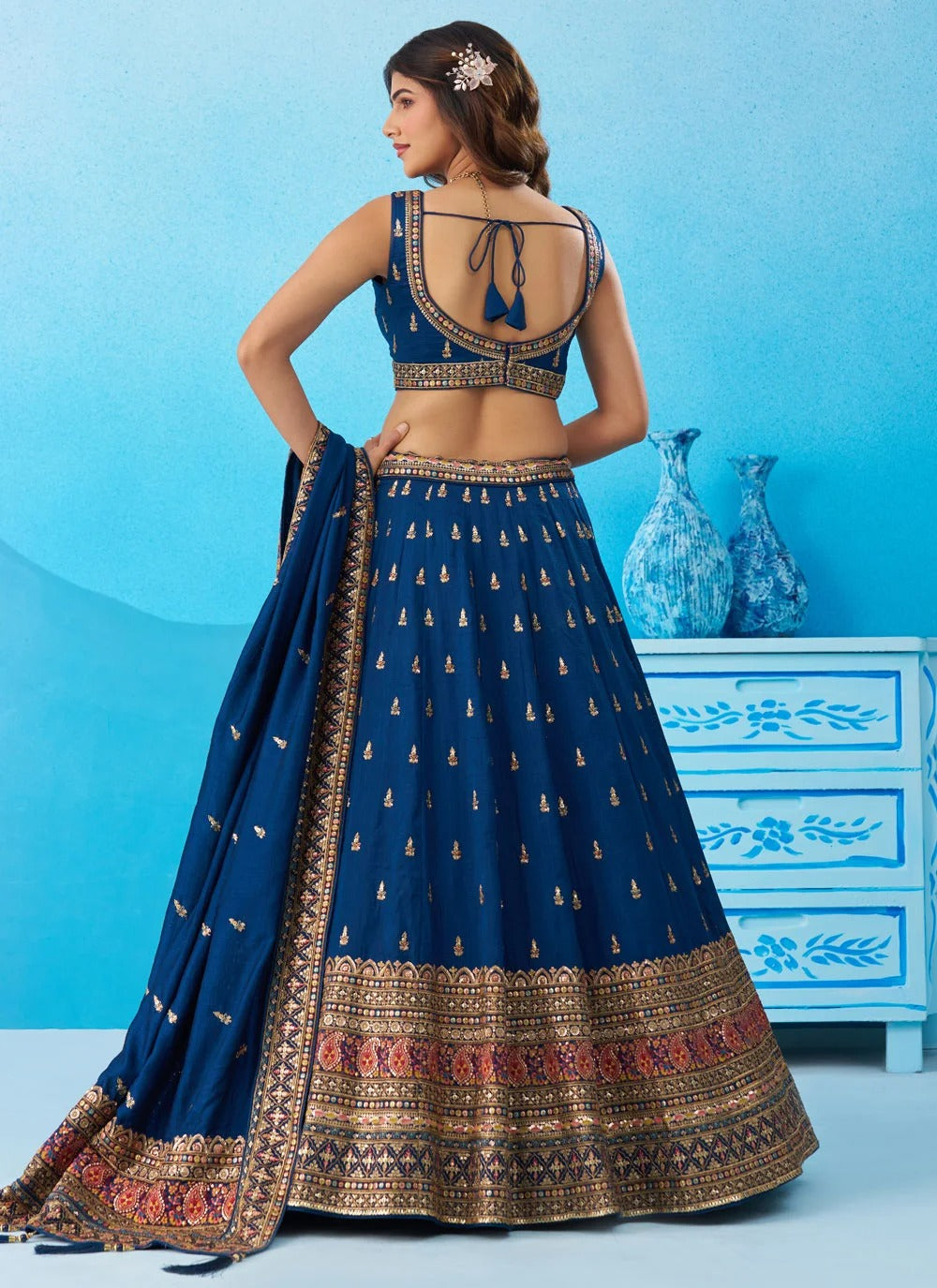 Designer engagement lehenga in morpeach chinnon silk