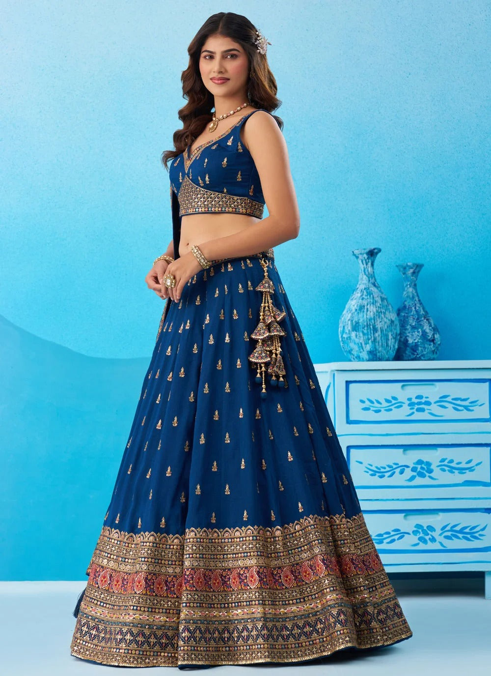 Designer engagement lehenga in morpeach chinnon silk