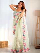 Wedding Wear Pista Organza Saree with Arc Border & Sequin Embroidery