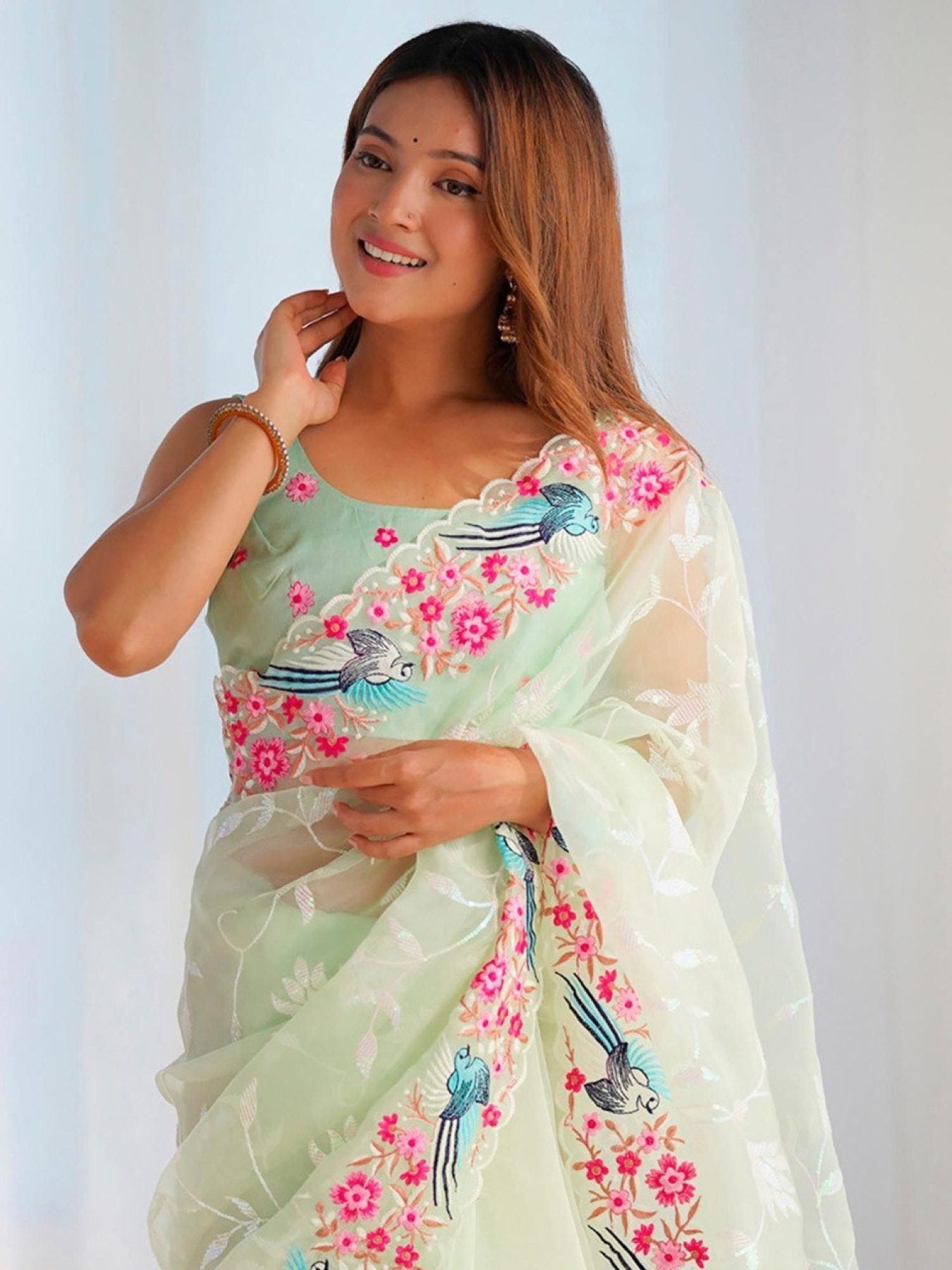 Wedding Wear Pista Organza Saree with Arc Border & Sequin Embroidery