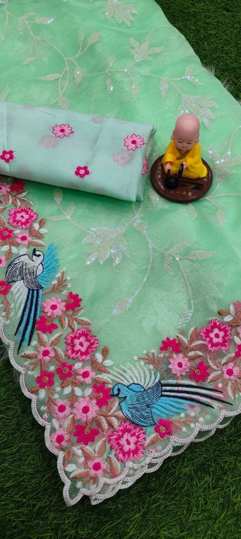 Wedding Wear Pista Organza Saree with Arc Border & Sequin Embroidery