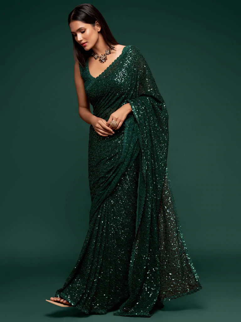 Designer georgette sequins saree in deep green