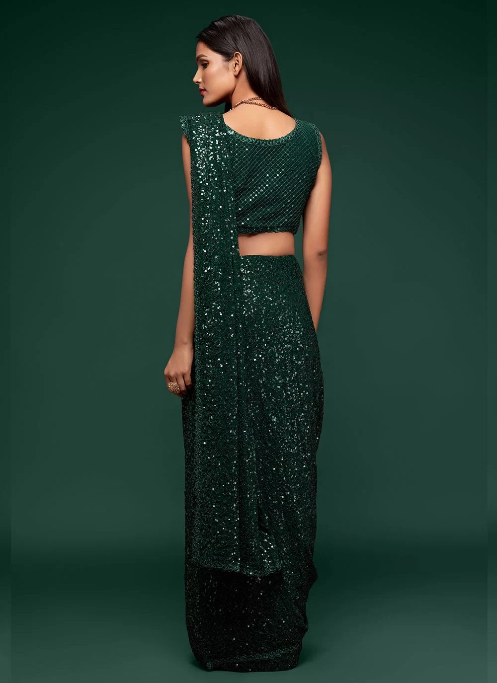 Designer georgette sequins saree in deep green