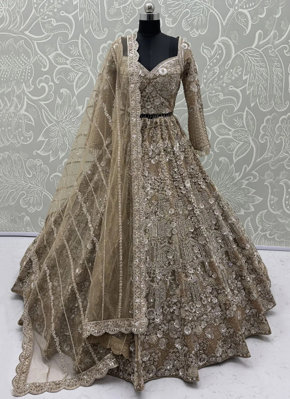 Golden bridal reception lehenga for bride with sequins dori embroidery