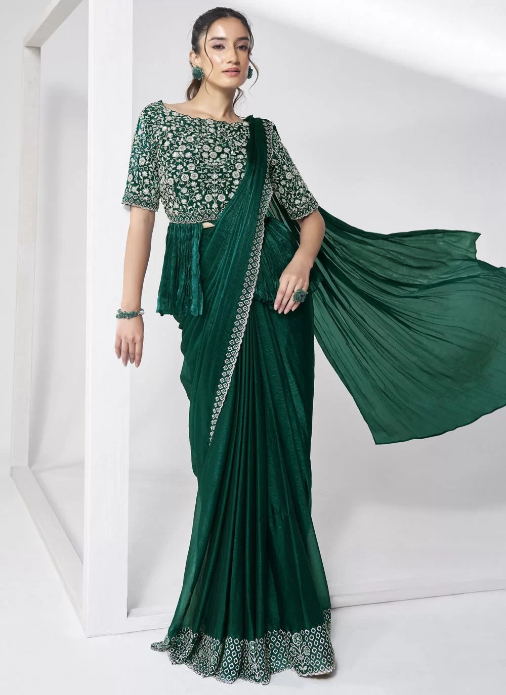 Graceful green satin silk ready to wear saree with handwork