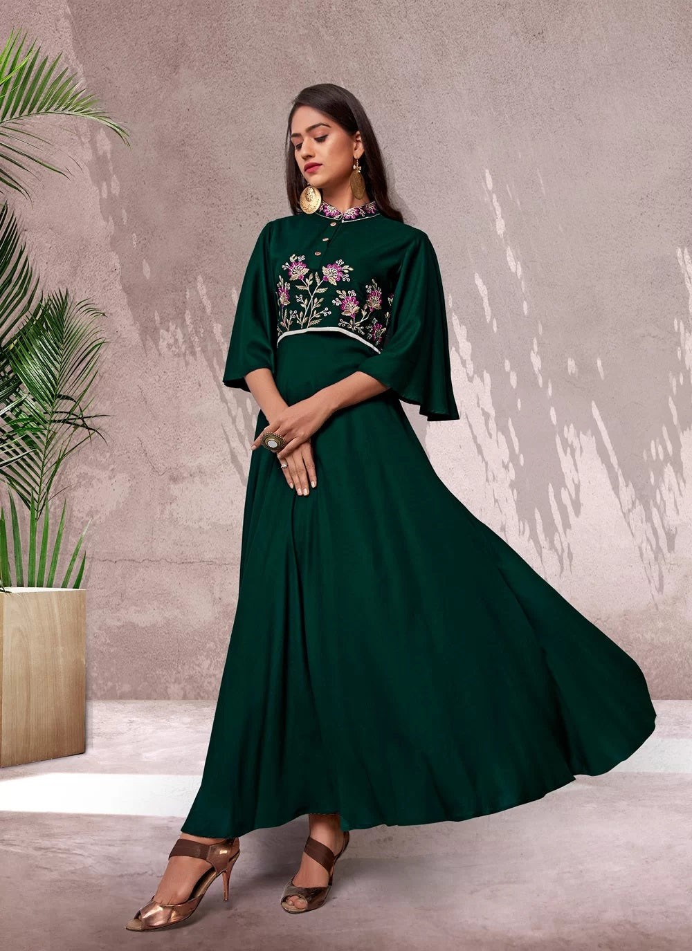 Designer green rayon embroidered indian kurti