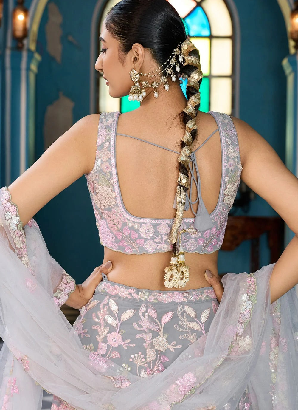 Grey cocktail lehenga with sequins stone coding embroidery work