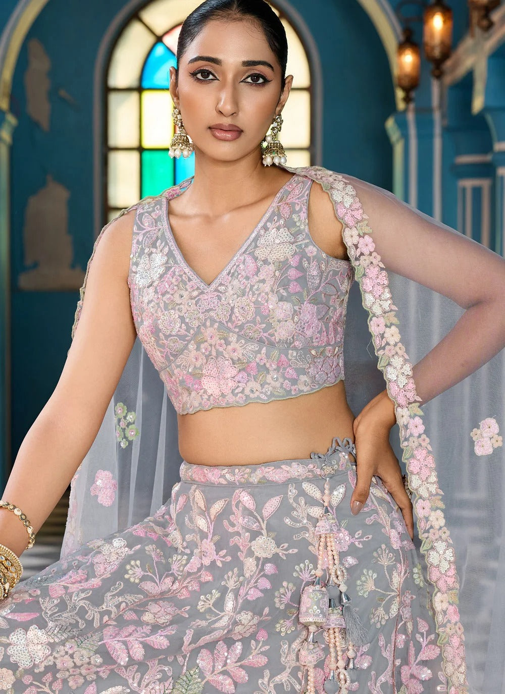 Grey cocktail lehenga with sequins stone coding embroidery work