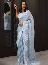 Khadi Organza Silk Saree with Matching Blouse Embroidered Set