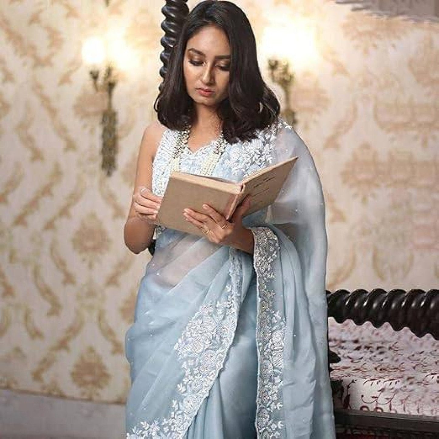 Khadi Organza Silk Saree with Matching Blouse Embroidered Set