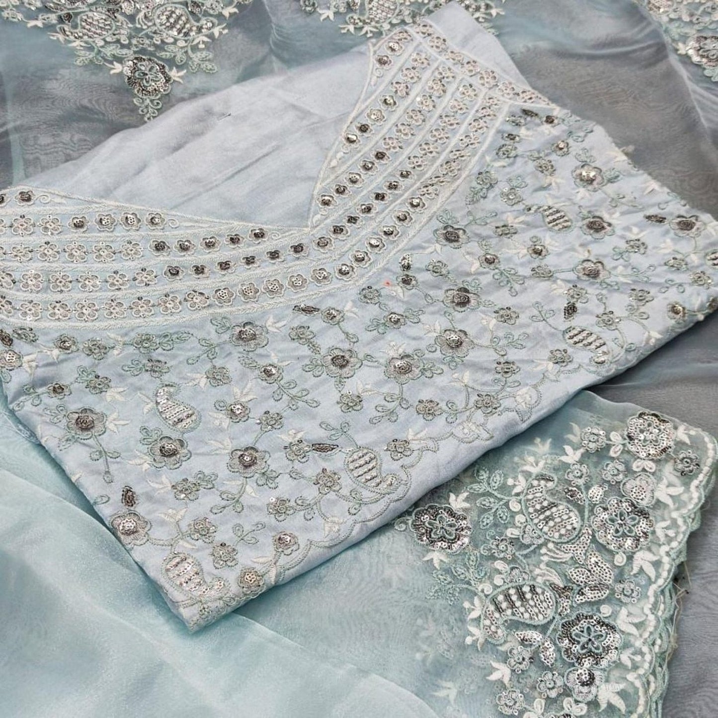 Khadi Organza Silk Saree with Matching Blouse Embroidered Set