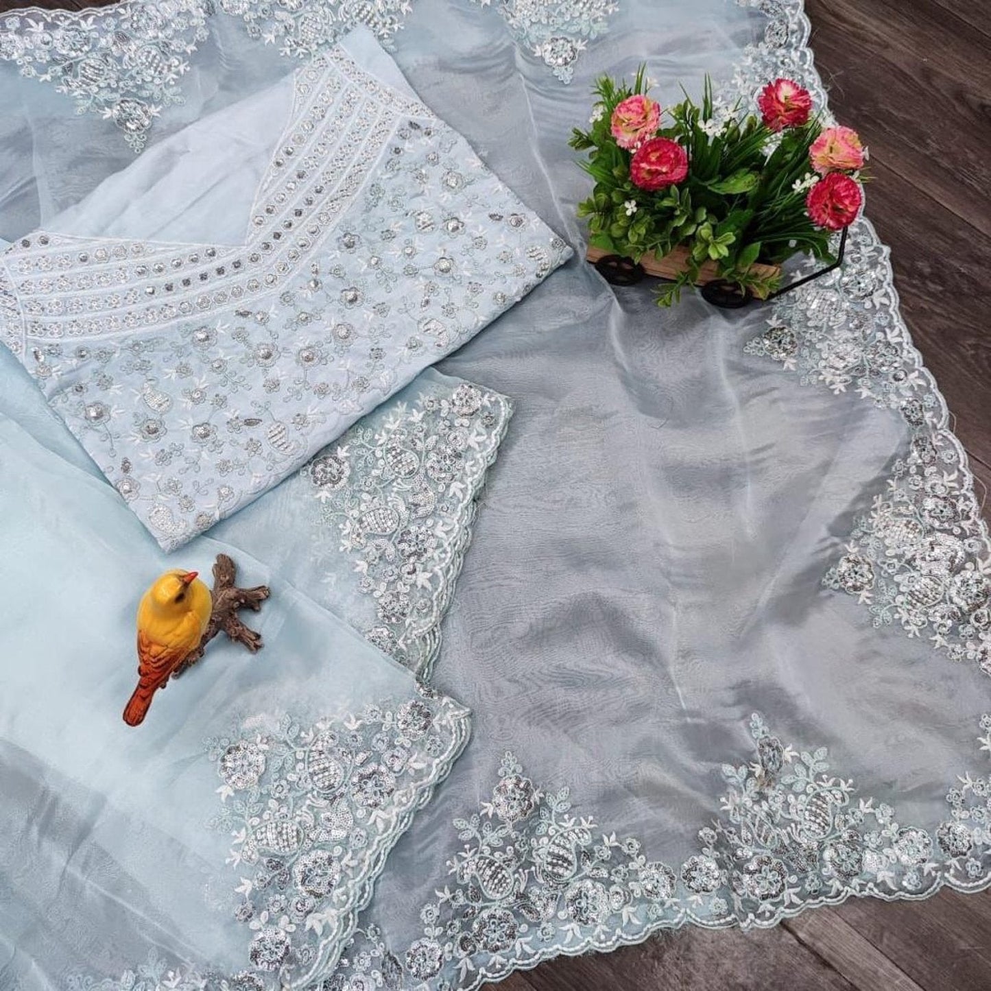 Khadi Organza Silk Saree with Matching Blouse Embroidered Set