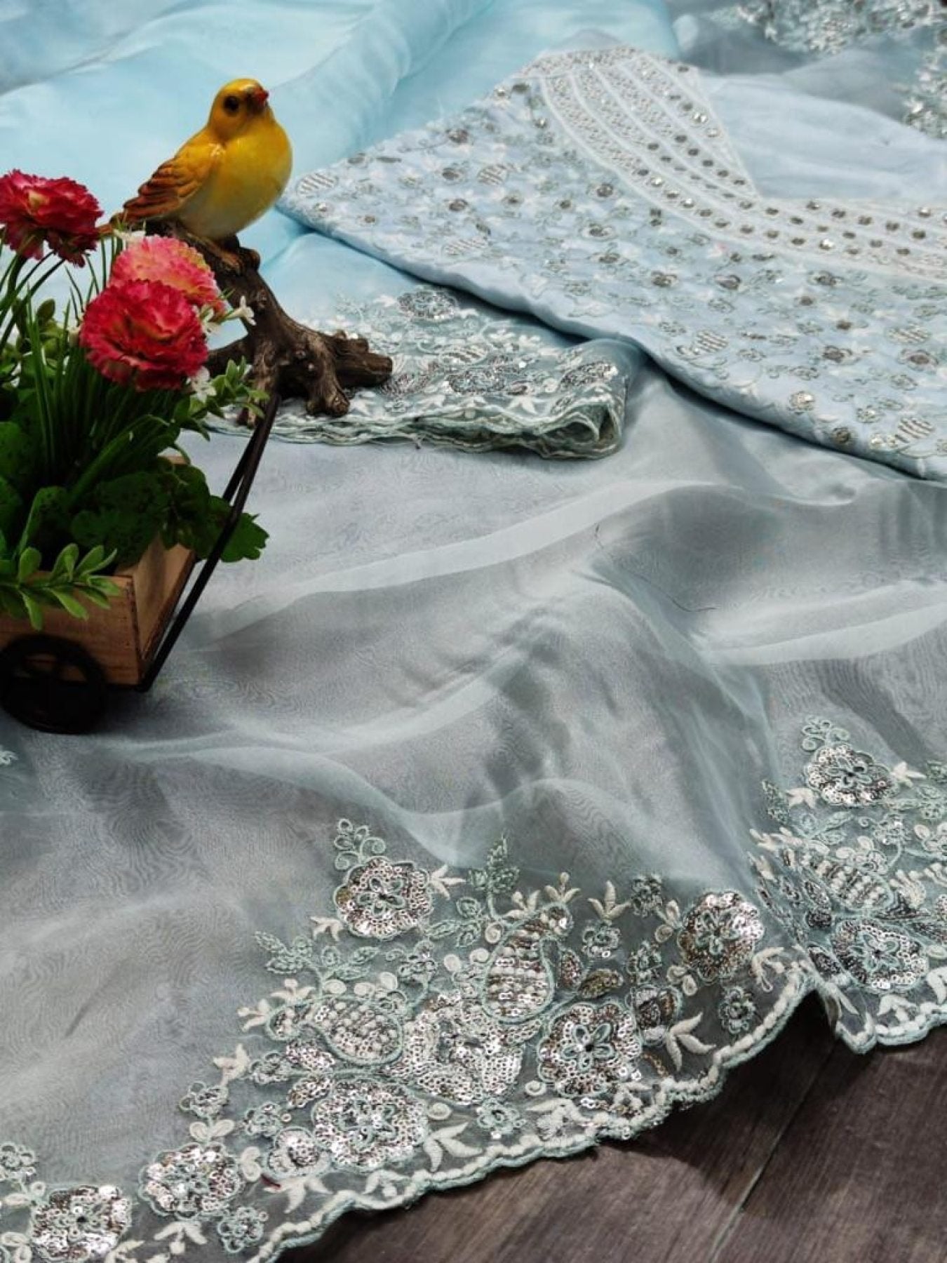 Khadi Organza Silk Saree with Matching Blouse Embroidered Set