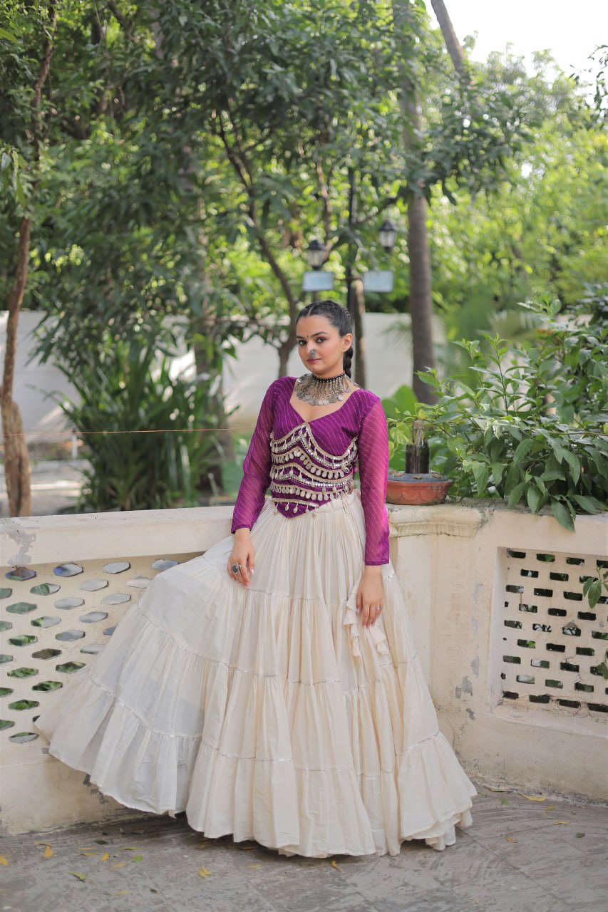 Designer Kora Cotton Lehenga with 12 Meter Flair & Leheriya Print Mirror Work Blouse